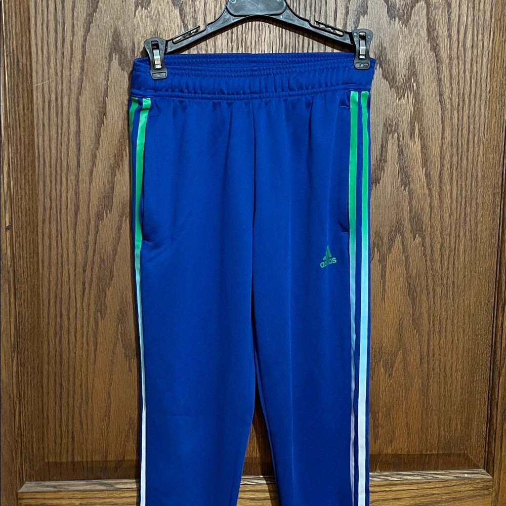 Adidas Kids Royal Blue Joggers with Green Stripes